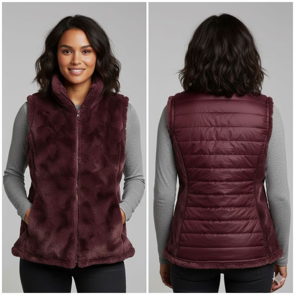 Nicole Miller Original Reversible Vest Womens Small Wine Red Faux Fur Quilted